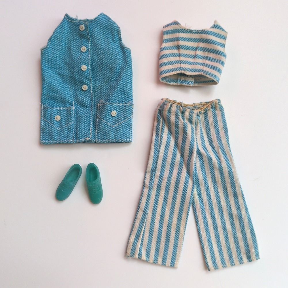 Vtg 70s Barbie Francie  #3367 Right for Stripes Outfit Top Pants Shoes Vest